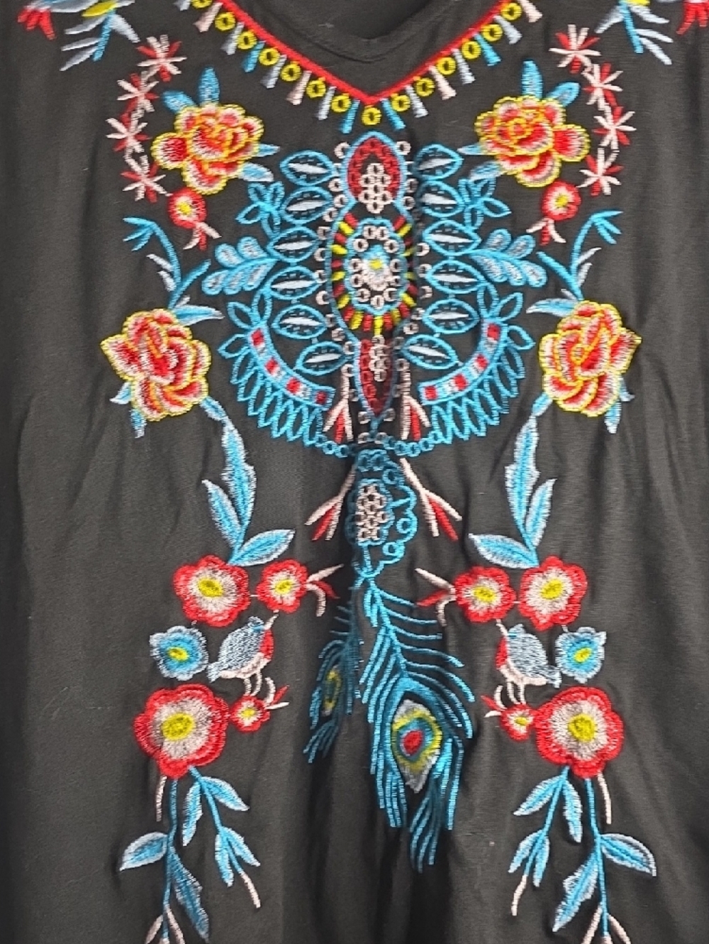 Black Embroidered V-Neck Women’s Top with Floral Motif - Picture 3 of 4
